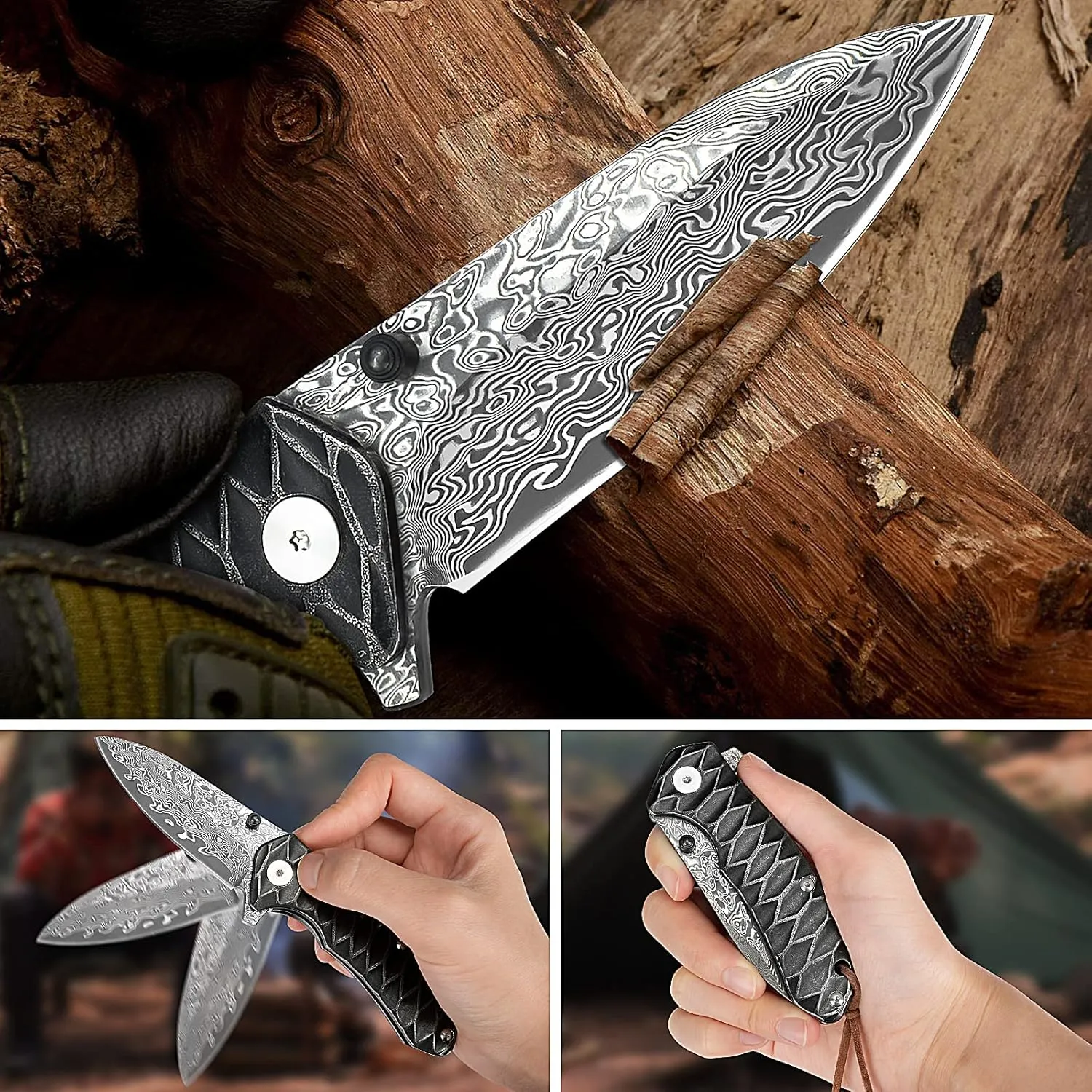 AUBEY Damascus Pocket Knife for Men, Forged 2.95" VG10 Damascus Steel Folding Knife with Sheath, Rain-drop Blade, Stainless Steel Handle, EDC Knife for Camping