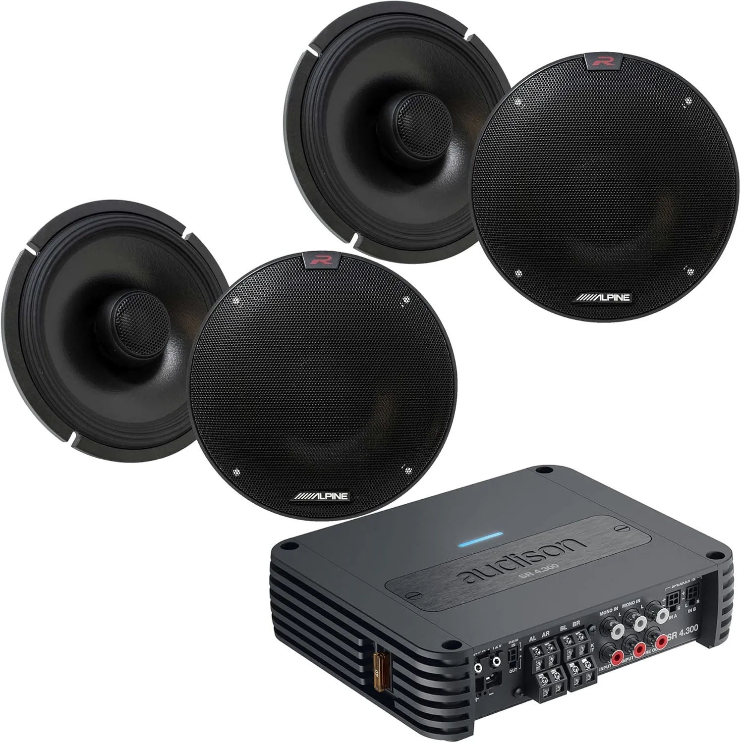 Audison SR 4.300 D-Class 4-Channel Amplifier with 2 Pairs of R-S65.2 R-Series 6 1/2-inch Coaxial 2-Way Speakers