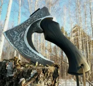 AXE009AM FS Crafts 10.00" Custom Handmade Viking Axe Fist Axe (Palm-Sized) Carbon Steel Hunting Axe Hand Forged Axe Carbon Steel Head Hatchet with Leather Sheath Outdoors Fishing Camping Knife