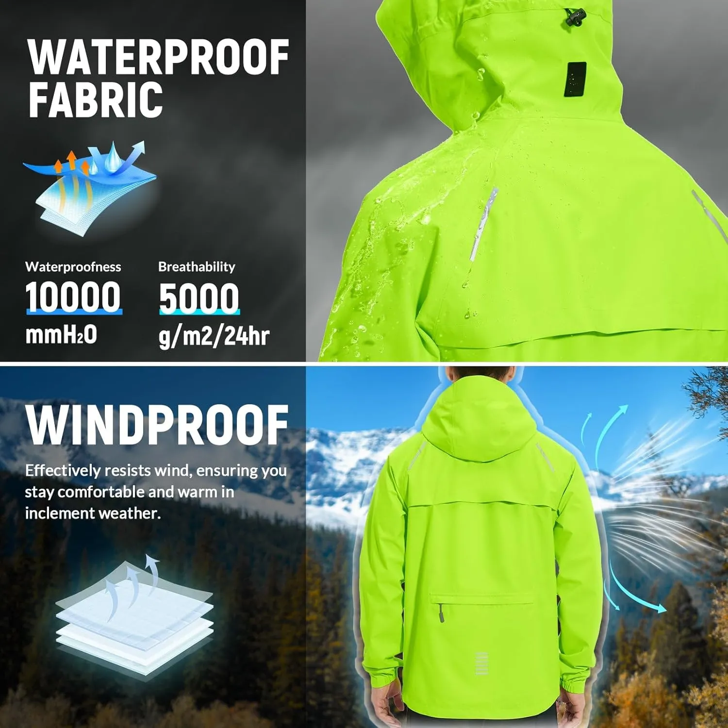 baleaf Men's Rain Jacket Waterproof Running Cycling Windbreaker Golf Hiking Gear Hood Raincoat Packable Reflective