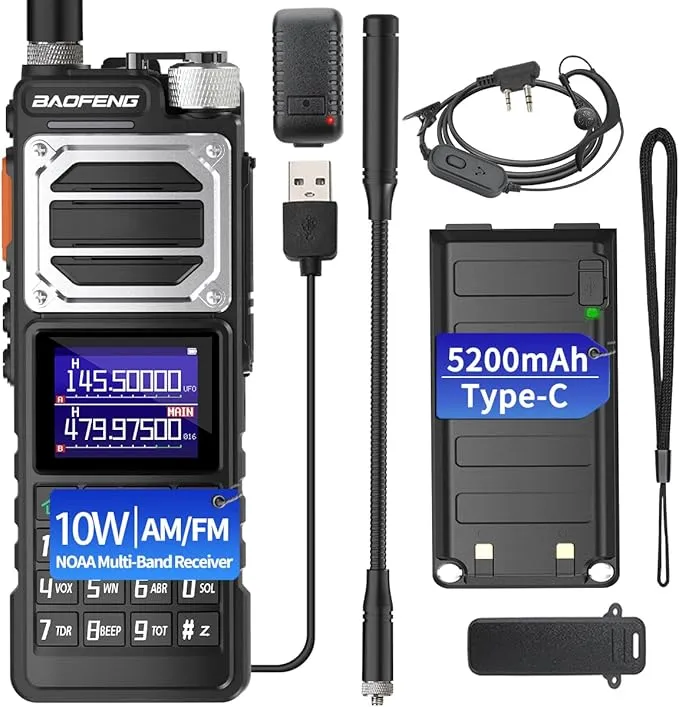 BAOFENG UV-25 Ham Radio 10W Long Range Handheld (Upgrade of UV-5R) Tactical Tri-Power Walkie Talkies NOAA Weather Receiver 5200mAh Type-C Charging Two Way Radios,Copy Frequency,Airband Full Kit