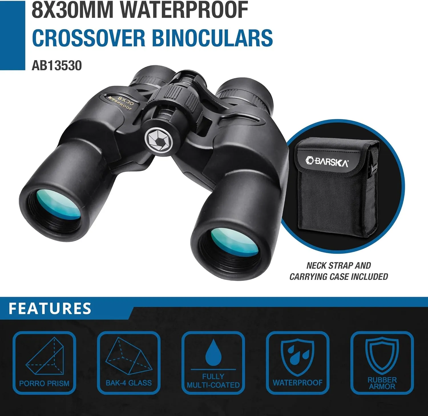 BARSKA AB13530 Crossover 8x30 Waterproof Binoculars for Sports, Boating, Theater, Hunting, etc, Black, One Size
