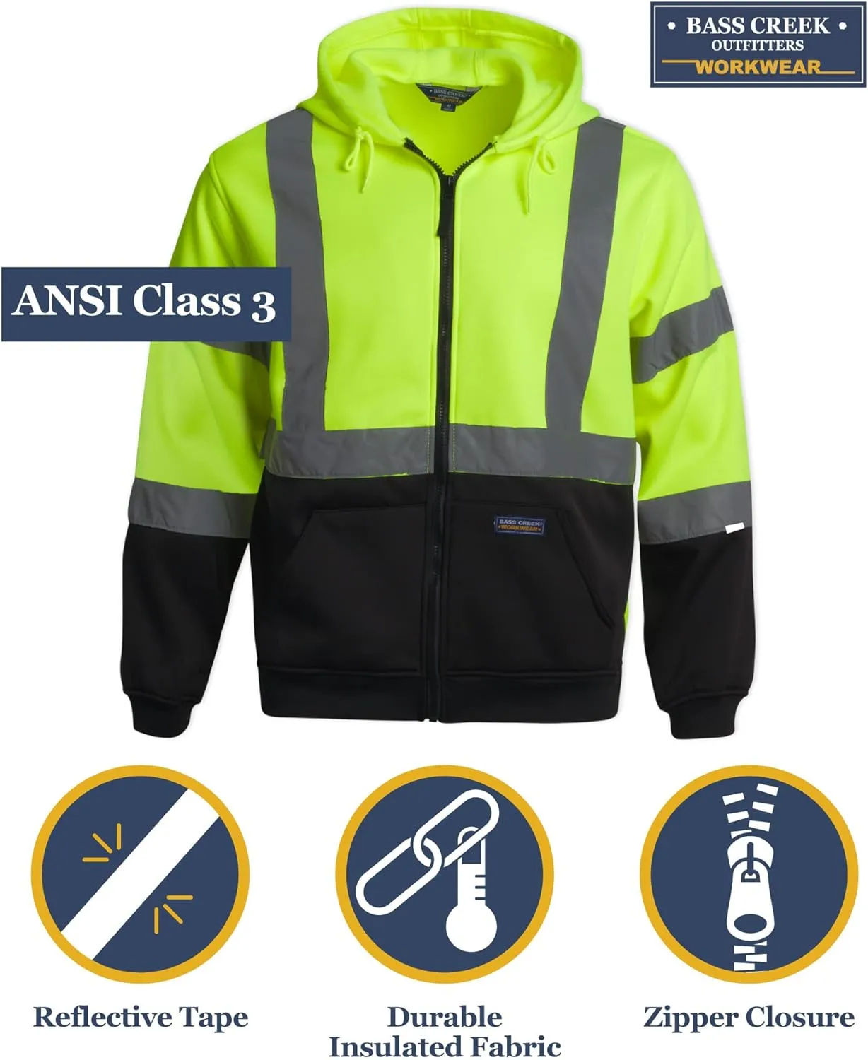 Bass Creek Outfitters Men's Fleece Zip Up Hoodie Sweatshirt - ANSI/ISEA Class 3 High Visibility Safety Workwear (M-2XL)