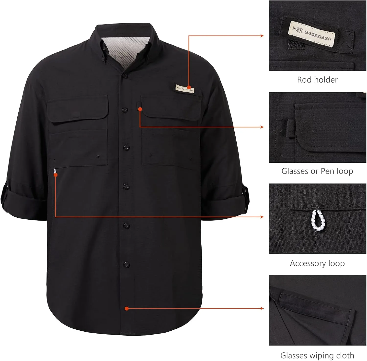 BASSDASH Men's Performance Fishing Hiking Shirt UPF 50 Button Down Long Sleeve Quick Dry FS21M