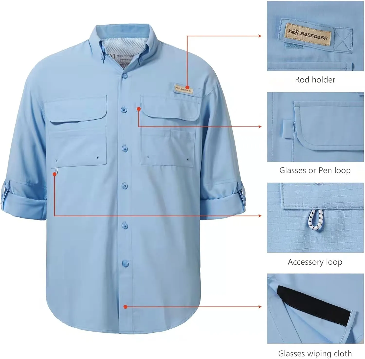 BASSDASH Men's Performance Fishing Hiking Shirt UPF 50 Button Down Long Sleeve Quick Dry FS21M