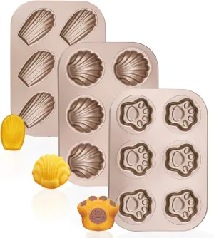 Beasea 3 Pack Madeleine Pans, 10x7 Inch 6 Cavity Nonstick Cat Shaped Cake Cookies Pan Carbon Steel Madeleine Mold Shell Madeline Pan