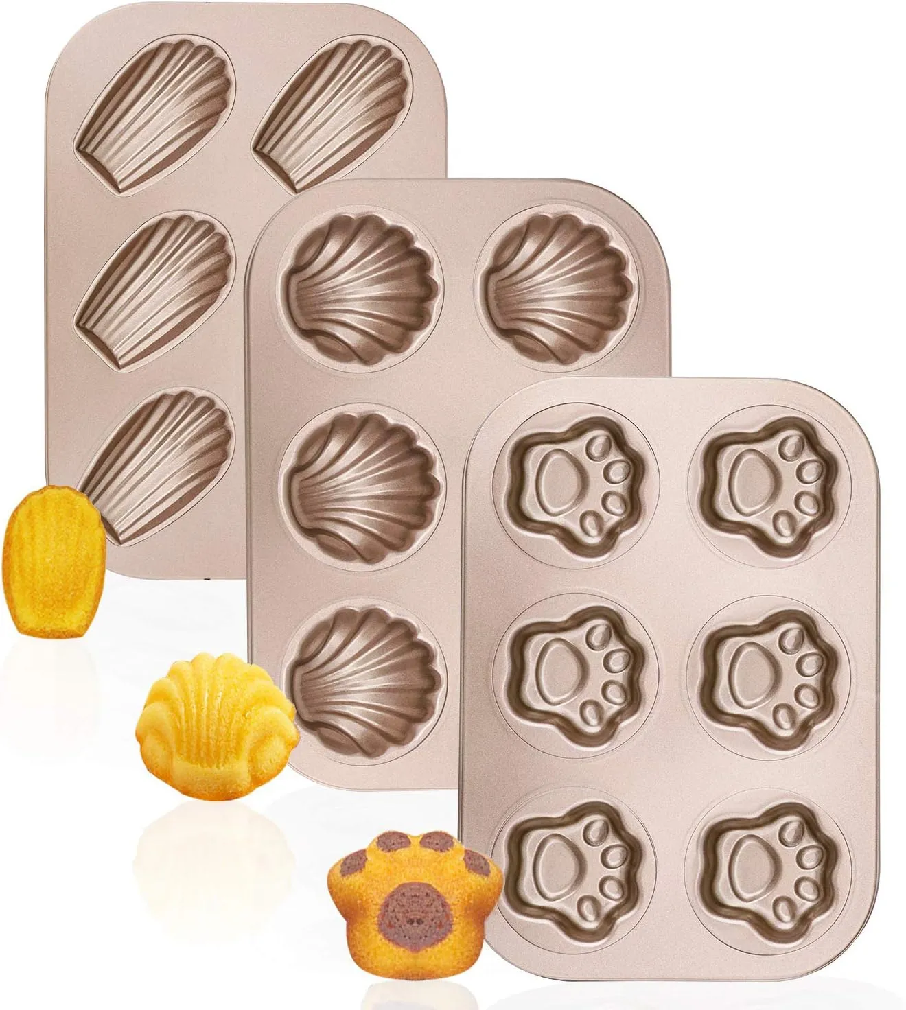 Beasea 3 Pack Madeleine Pans, 10x7 Inch 6 Cavity Nonstick Cat Shaped Cake Cookies Pan Carbon Steel Madeleine Mold Shell Madeline Pan