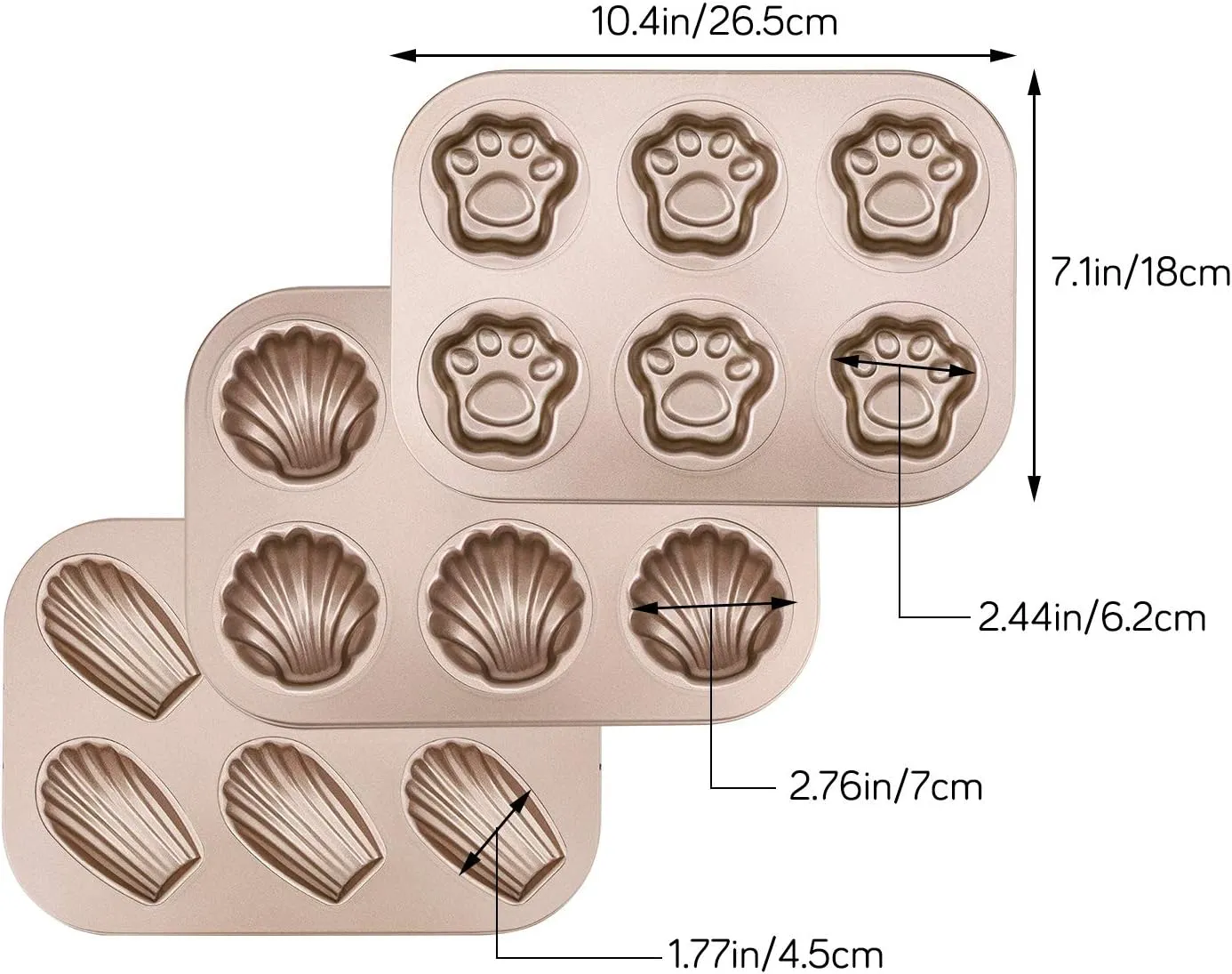Beasea 3 Pack Madeleine Pans, 10x7 Inch 6 Cavity Nonstick Cat Shaped Cake Cookies Pan Carbon Steel Madeleine Mold Shell Madeline Pan