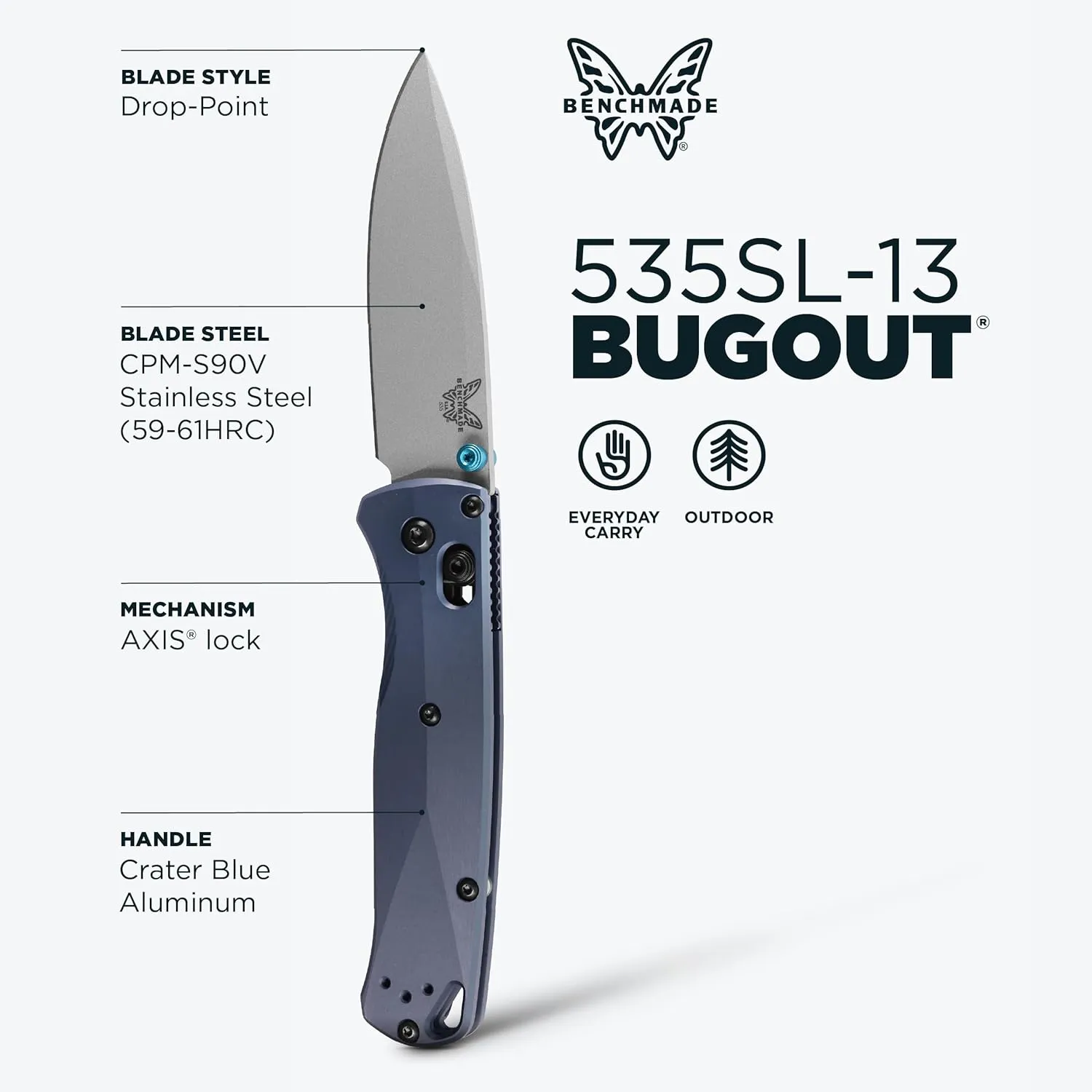 Benchmade - Bugout 535 EDC Knife, Drop-Point Blade, Crater Blue Handle (535SL-13)