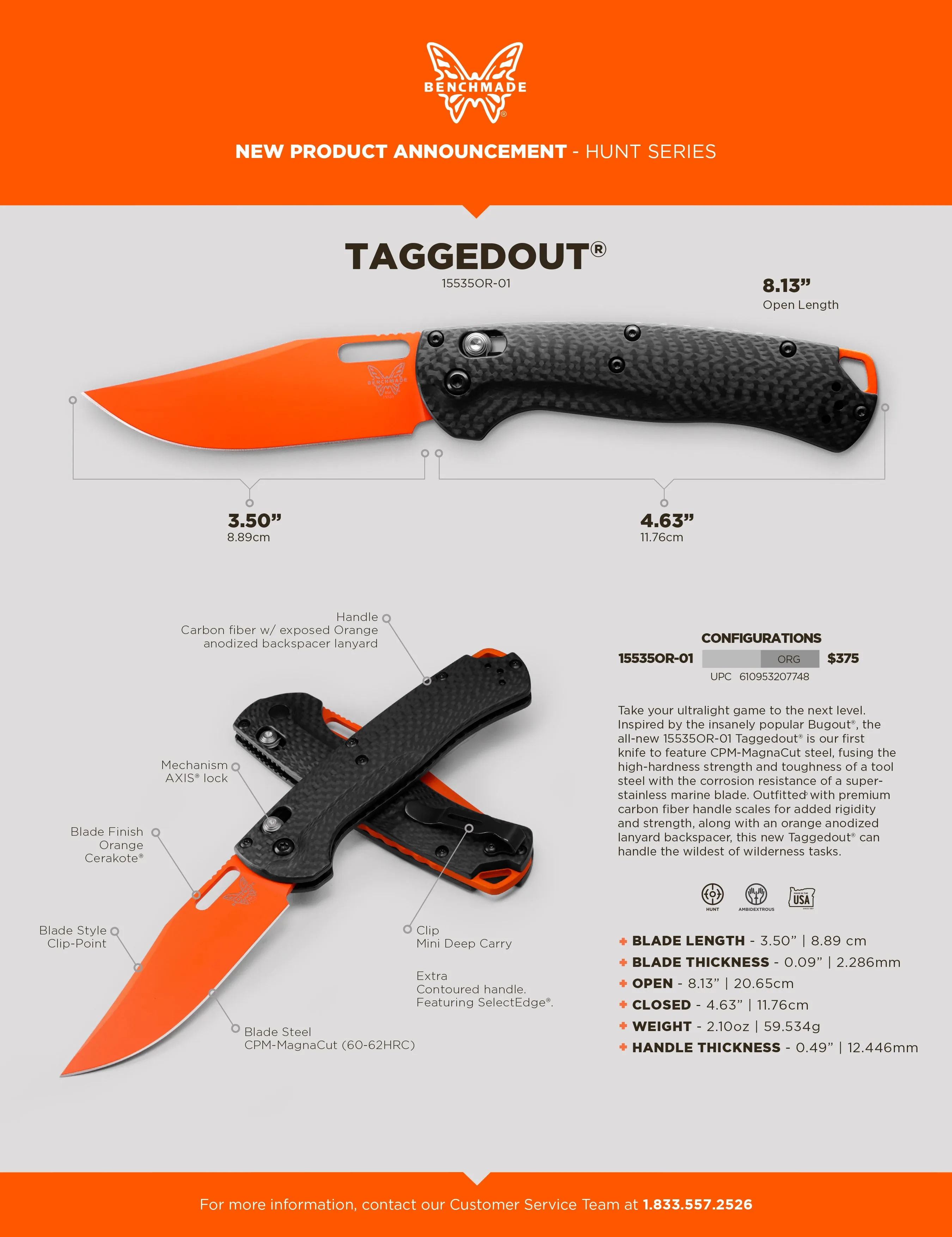Benchmade Taggedout 3.48'' Folder Carbon Fiber Orange Cerakote Clip Point Pocket Knife (15535OR-01)