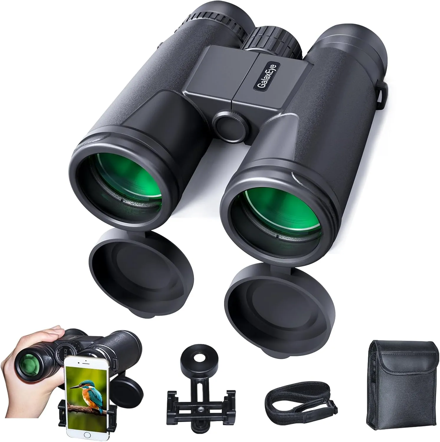 Binoculars GalaxEye 12x42 Compact for Adults with Phone Adapter – HD BAK4 Prism, FMC Lens, Large View, Easy Focus for Bird Watching, Hunting, Stargazing, Cruising, and Travel