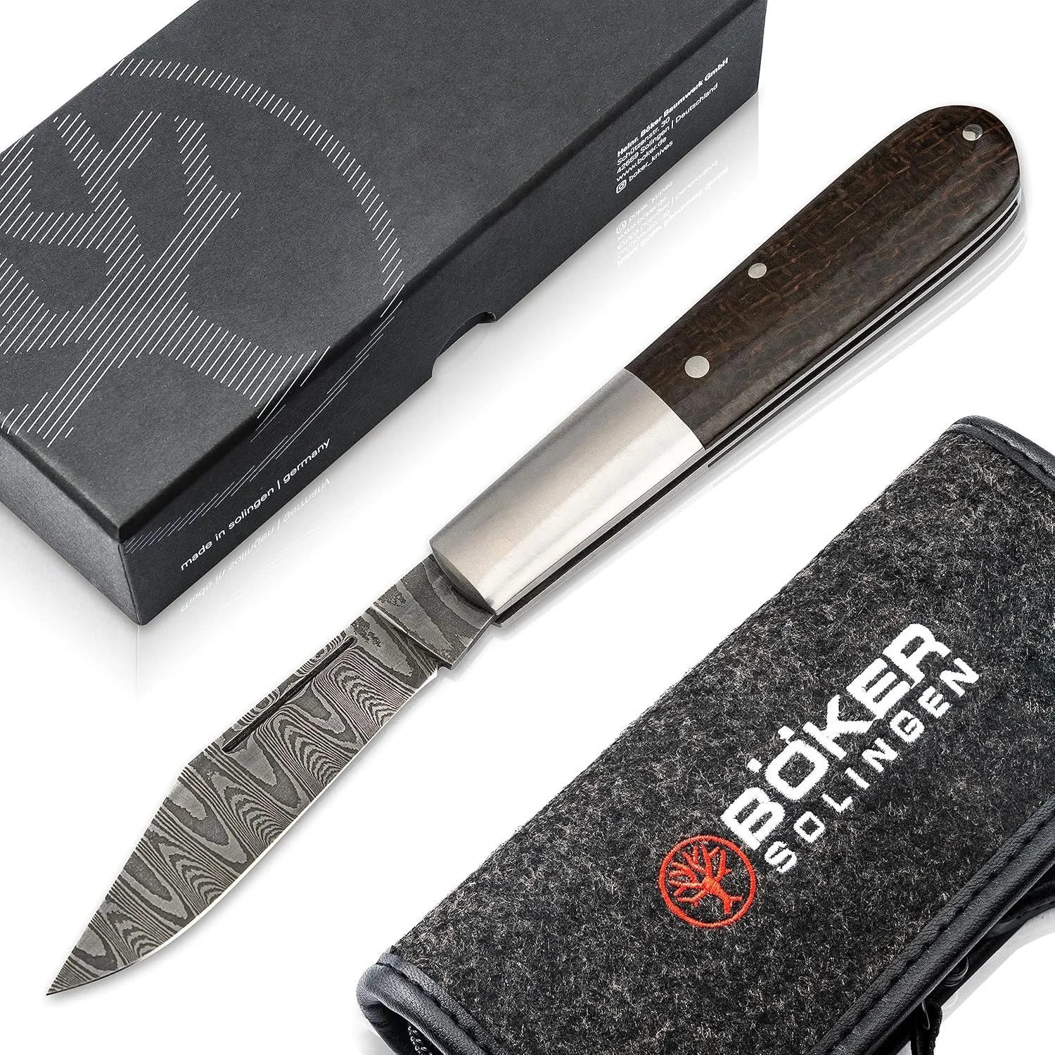 Böker Solingen® Barlow M4 Sherman Damascus - handcrafted slipjoint pocket knife - EDC gentleman knife with Damascus blade - classic 2-hand folding knife with case & gift box
