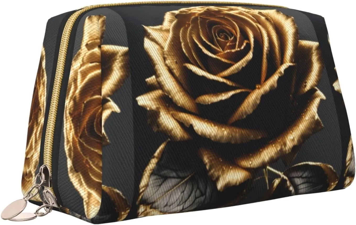 Black And Gold Flowers Toiletry Pouch, Travel-Friendly Makeup Organizer For Makeup Brushes, Lipsticks