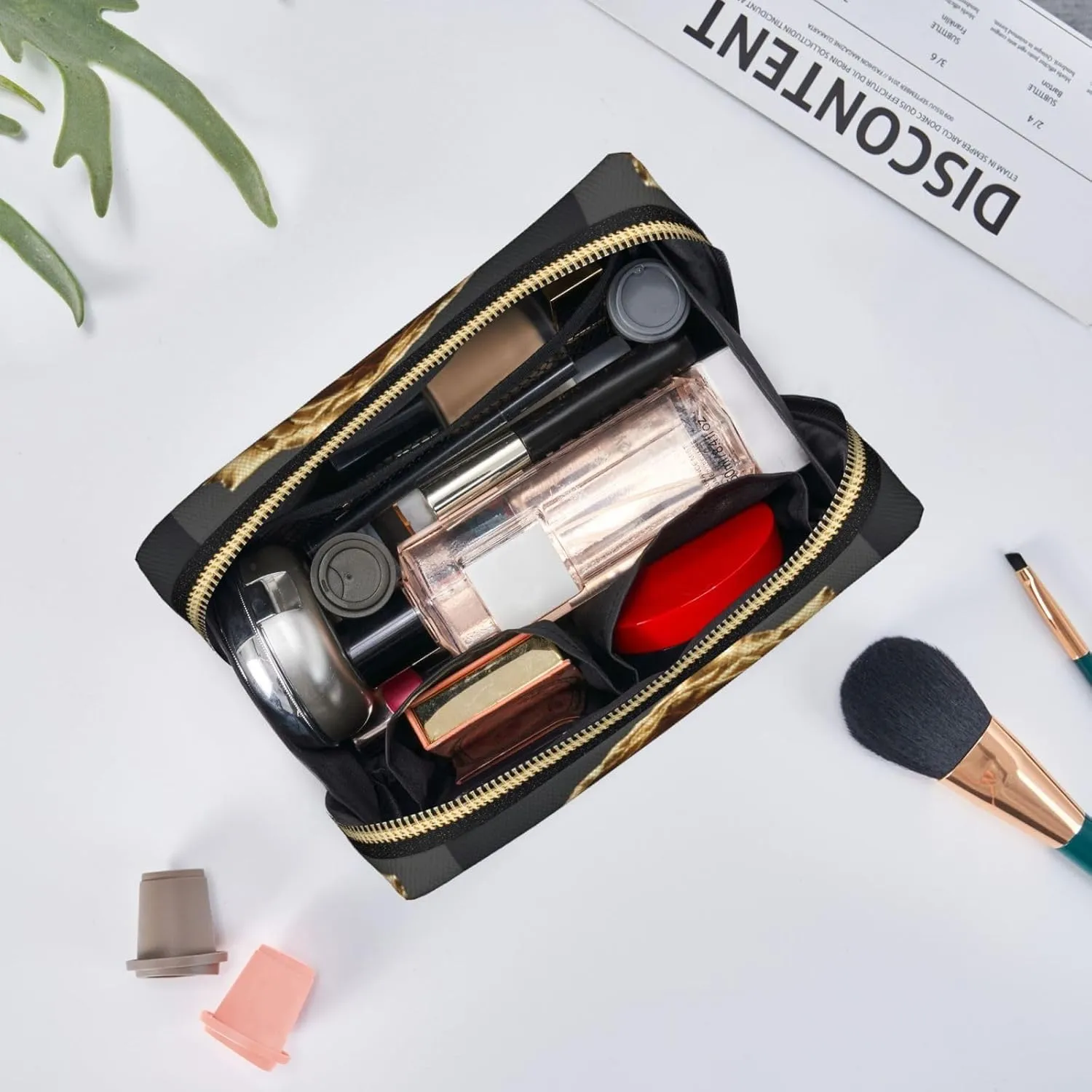 Black And Gold Flowers Toiletry Pouch, Travel-Friendly Makeup Organizer For Makeup Brushes, Lipsticks