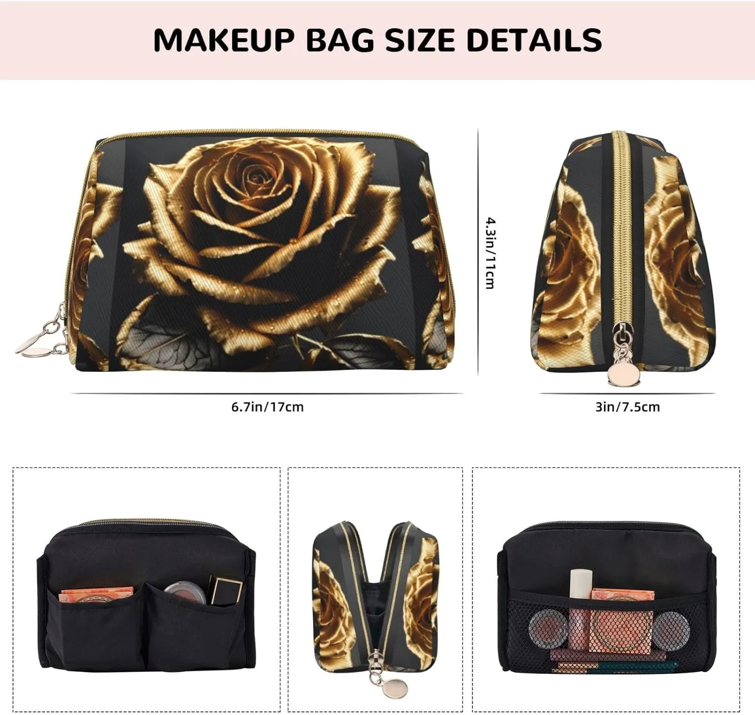 Black And Gold Flowers Toiletry Pouch, Travel-Friendly Makeup Organizer For Makeup Brushes, Lipsticks
