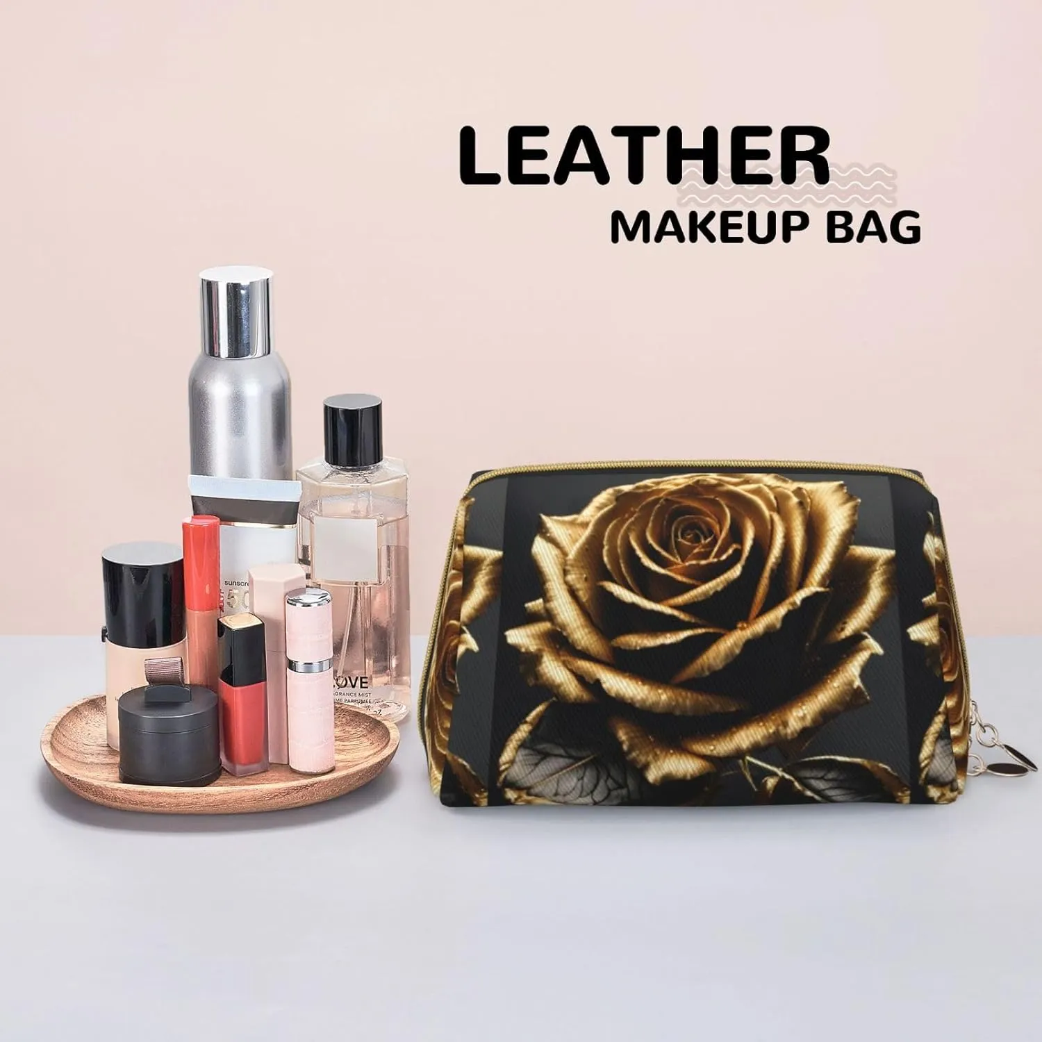 Black And Gold Flowers Toiletry Pouch, Travel-Friendly Makeup Organizer For Makeup Brushes, Lipsticks