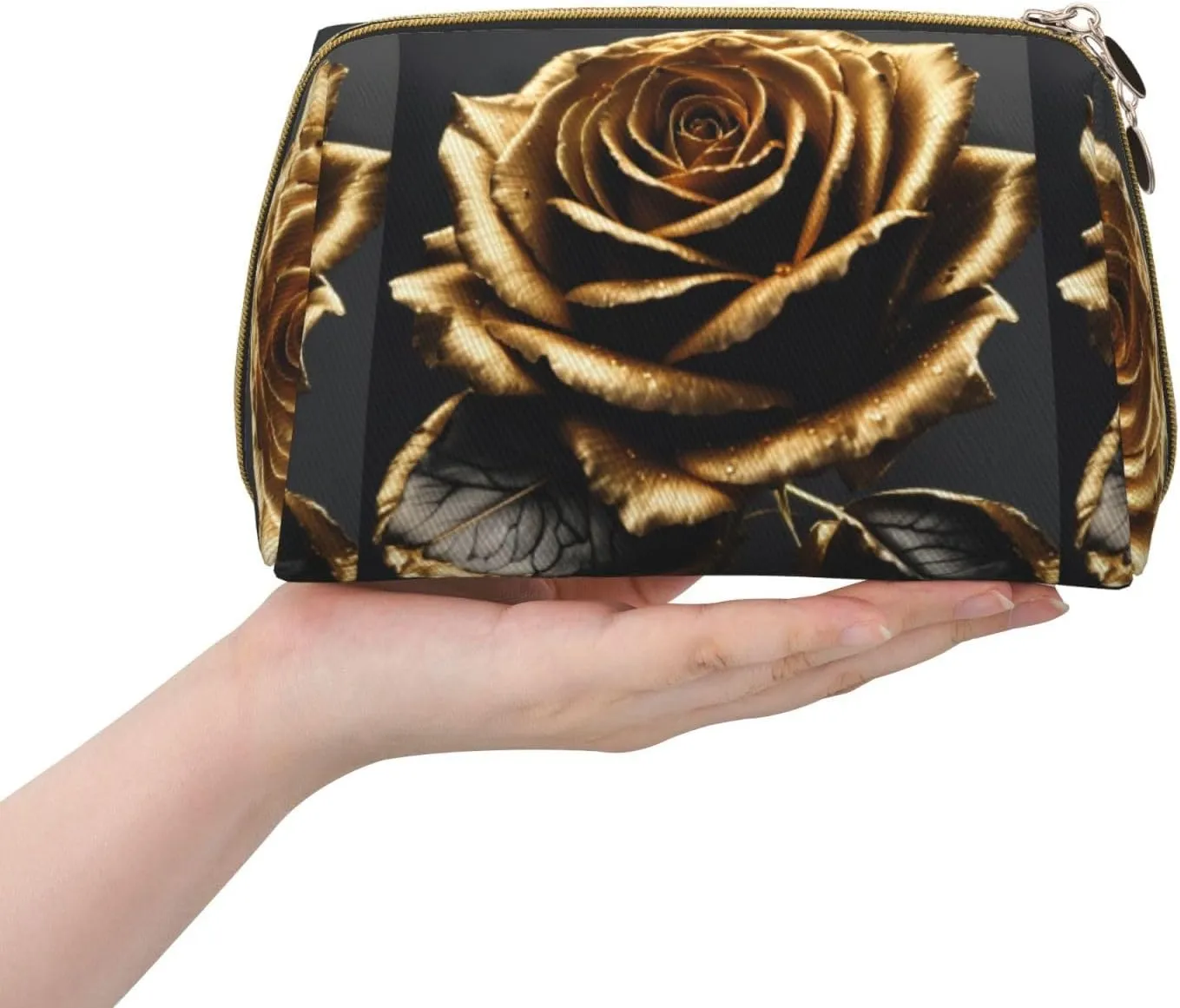 Black And Gold Flowers Toiletry Pouch, Travel-Friendly Makeup Organizer For Makeup Brushes, Lipsticks