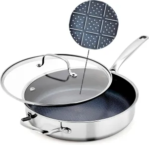 Blue Diamond Hybrid Nonstick Stainless Steel 4QT Saute Pan with Glass Lid, PFAS-Free Ceramic Diamond Surface Deep Jumbo Skillet, Induction Ready, Dishwasher & Metal Utensil Safe, Stay-Cool Handle