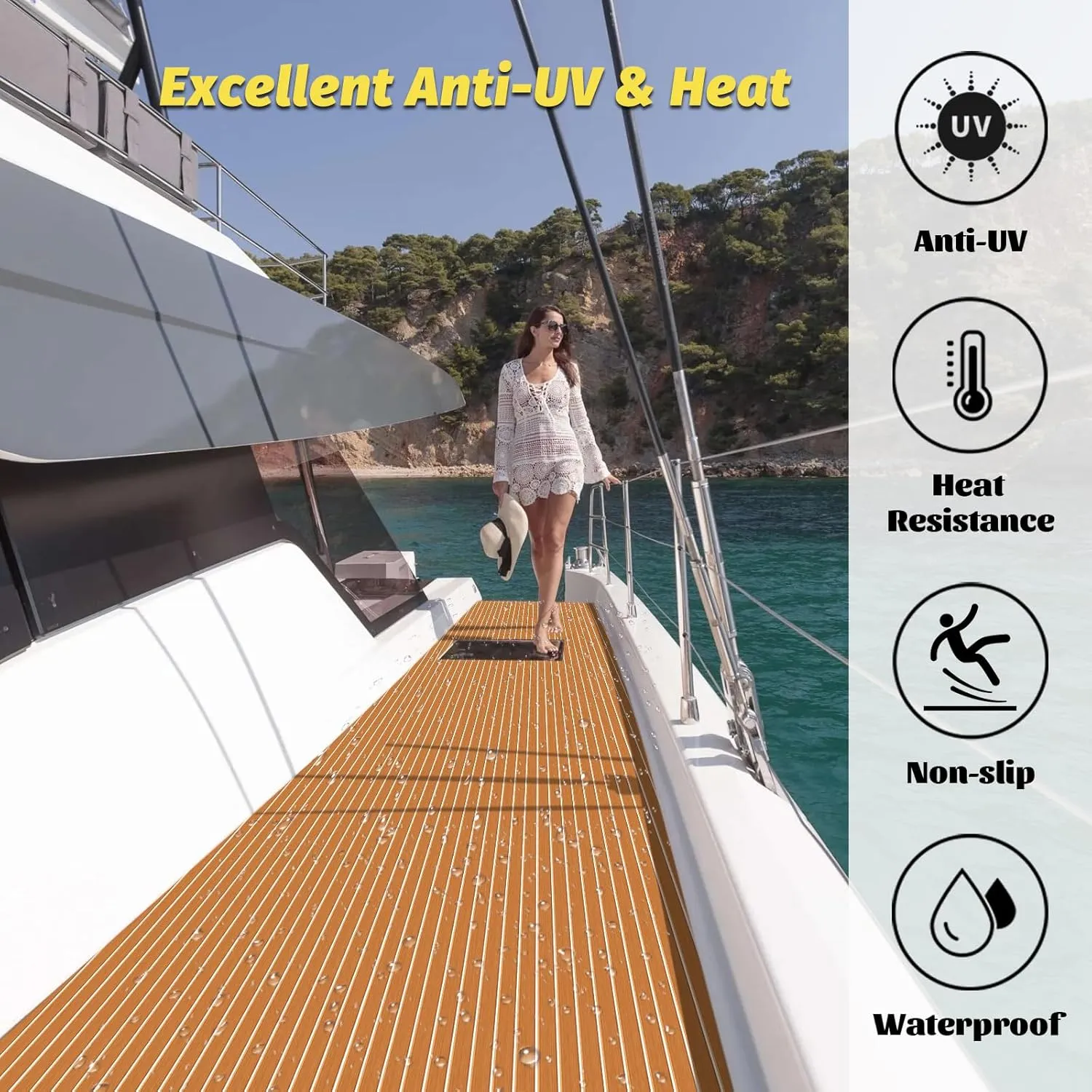 Boat Flooring EVA Foam Decking Teak Sheet - Non-Slip Marine Mat for Yacht, Motorboat, RV, Kayak and Swimming Pool - Self-Adhesive Flooring Material - 70"x 94"