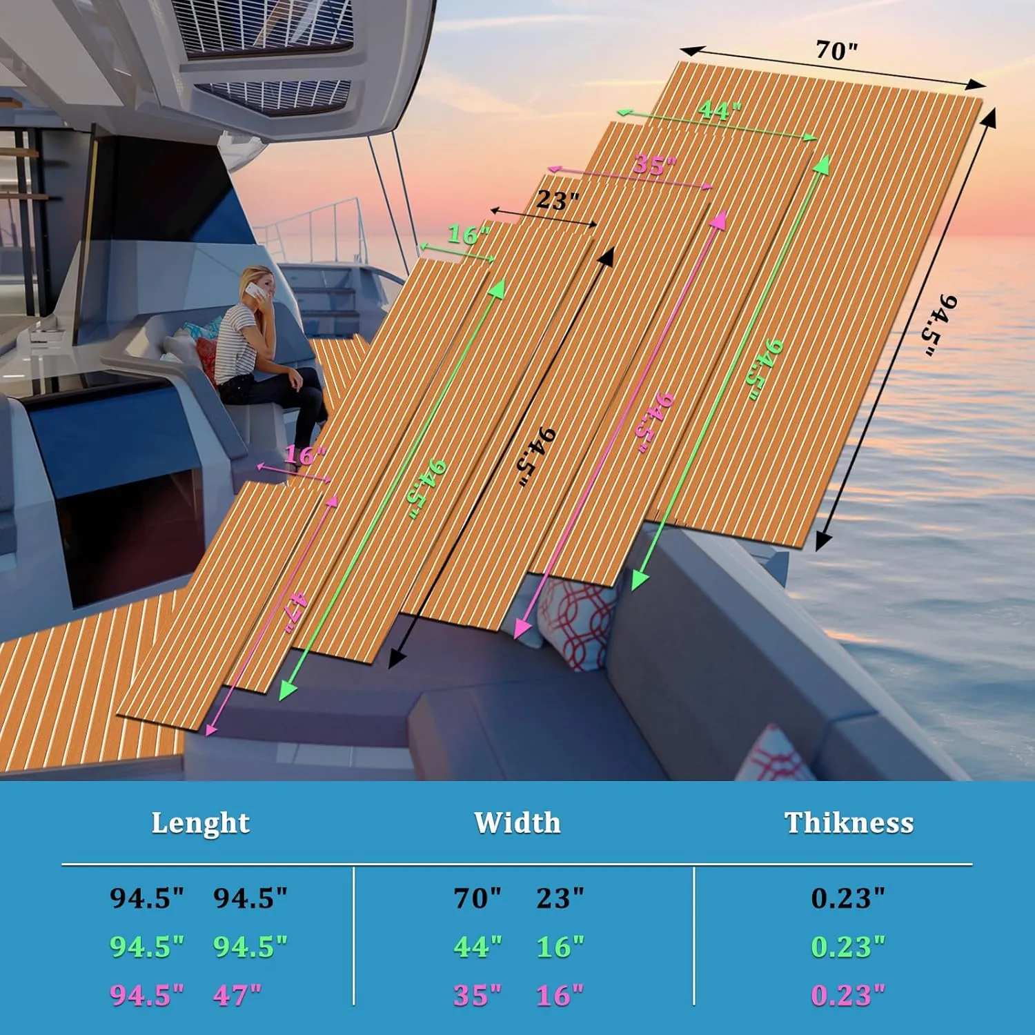 Boat Flooring EVA Foam Decking Teak Sheet - Non-Slip Marine Mat for Yacht, Motorboat, RV, Kayak and Swimming Pool - Self-Adhesive Flooring Material - 70"x 94"
