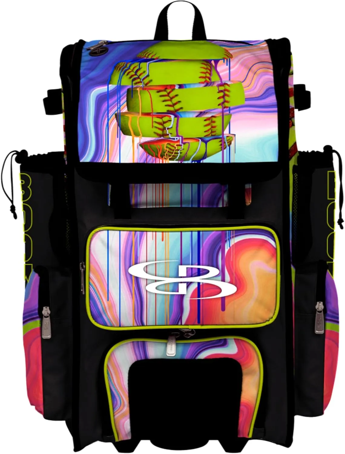 Boombah Superpack Hybrid Rolling Bat Bag - Wheeled & Backpack Version - Softball Focus Optic Yellow/Black/Amethyst Orchid
