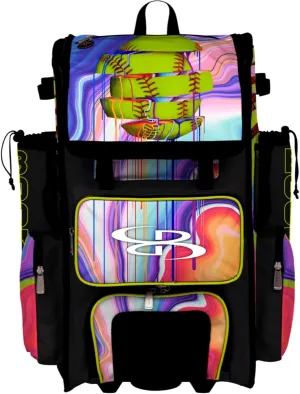 Boombah Superpack Hybrid Rolling Bat Bag - Wheeled & Backpack Version - Softball Focus Optic Yellow/Black/Amethyst Orchid