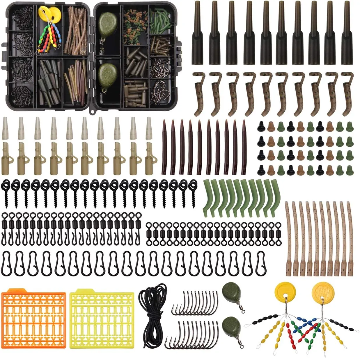 Carp Fishing Equipment Tackle Box Kit 217pcs Include Sinker Weights, Hooks Swivels, Safety Clips, Rubber Sleeves, Various Carp Fishing Rig Accessories