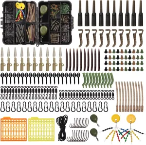 Carp Fishing Equipment Tackle Box Kit 217pcs Include Sinker Weights, Hooks Swivels, Safety Clips, Rubber Sleeves, Various Carp Fishing Rig Accessories