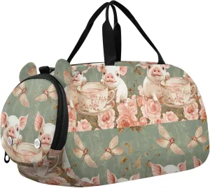 Cartoon Cute Teacup Pig Flower Peach Duffel Gym Bags with Shoes Compartment Multifunctional Weekend Overnight Carry on Bag for School Practice, Sports, Travel bolsos deportivos para mujer