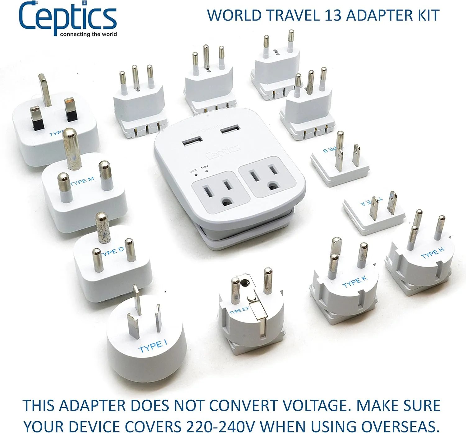 Ceptics International Plug Adapter Kit, World Safest Grounded 13 Adaptor Set Dual USB Ports - Travel Anywhere - Business Use - Perfect for Laptops, Cell Phones, Chargers - Surge Protection