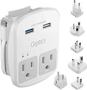 Ceptics Universal Travel Adapter Kit - 2 USB, USB-C Cord 2 US Outlets QC 3.0, Surge Protection, Plugs for Europe, UK, China, Australia, Japan - Perfect for Laptop, Cell Phones, Cameras,Safe ETL Tested