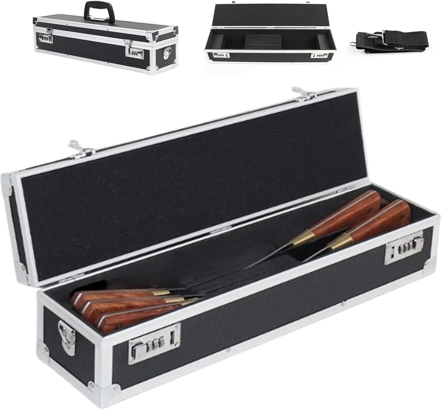 Chef’s Knife Case Aluminum Hard Case with Dual Combination Locks Cultery Carrier Portable Knife Organizer Block Holders Protectors With 8 Slots Can Hold Home Kitchen Knife Tools Up To 17.5”