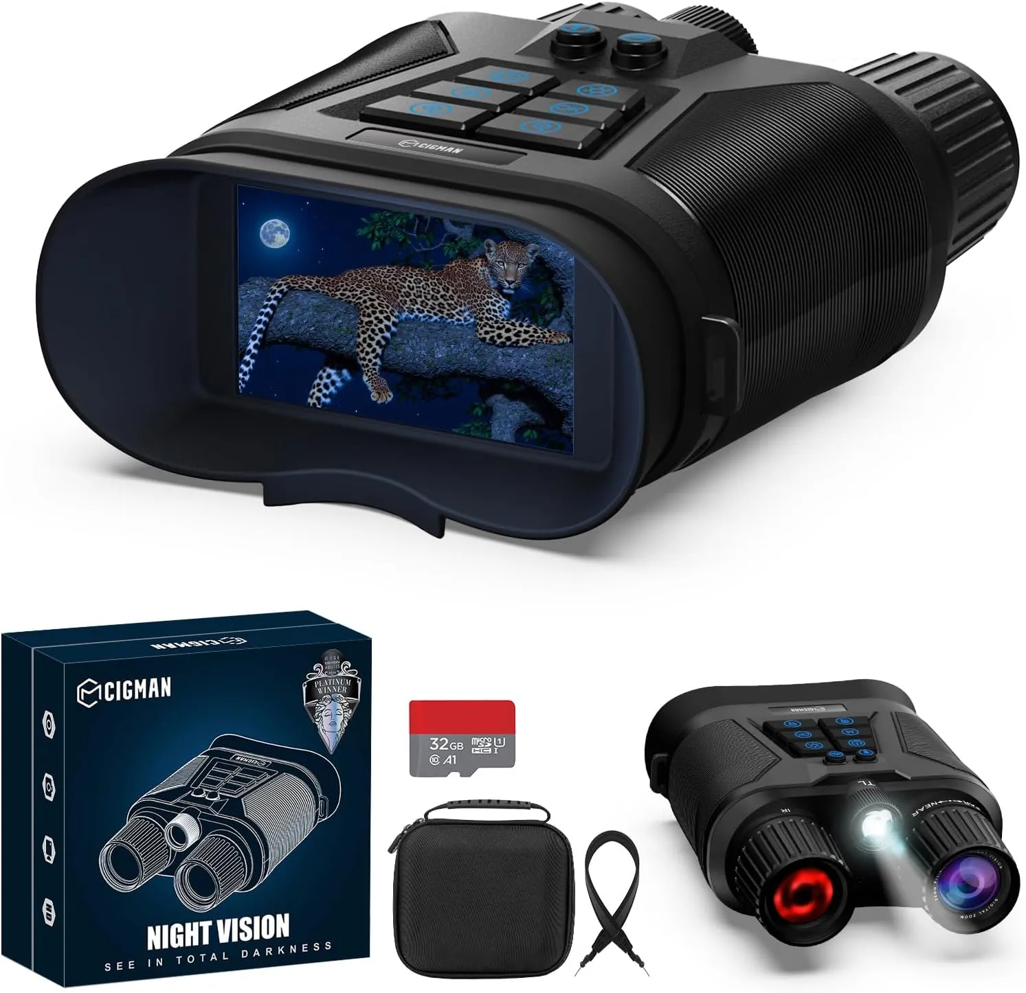 CIGMAN 4K Night Vision Binoculars, 40MP Infrared Night Vision Goggles, 8X Zoom, 3" HD TFT Screen, 3W 850nm IR Light, Built-in Microphone and Flashlight, 5000mAh Battery, 512GB Storage Support