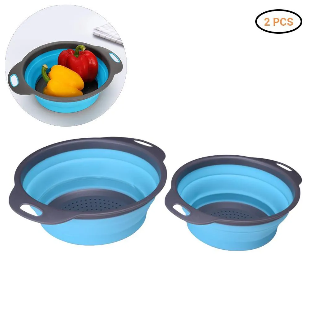 Collapsible Colander Silicone Bowl Strainer Set of 2, Portable Folding Filter Basket Bowls Container Rubber Strainer, Use for Draining Fruits, Vegetables and Pastas