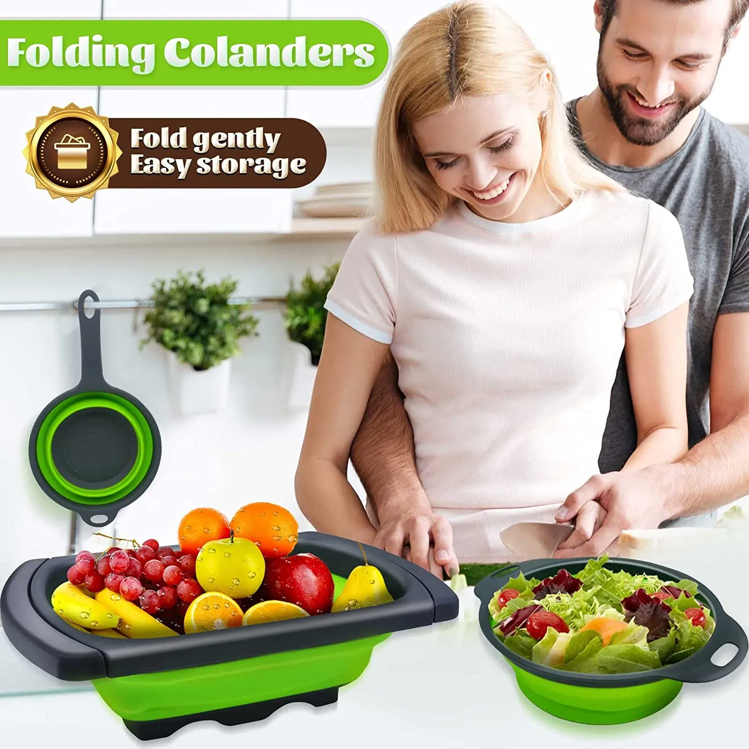Collapsible Colander Silicone Strainer Set 3 Foldable Food Strainers
