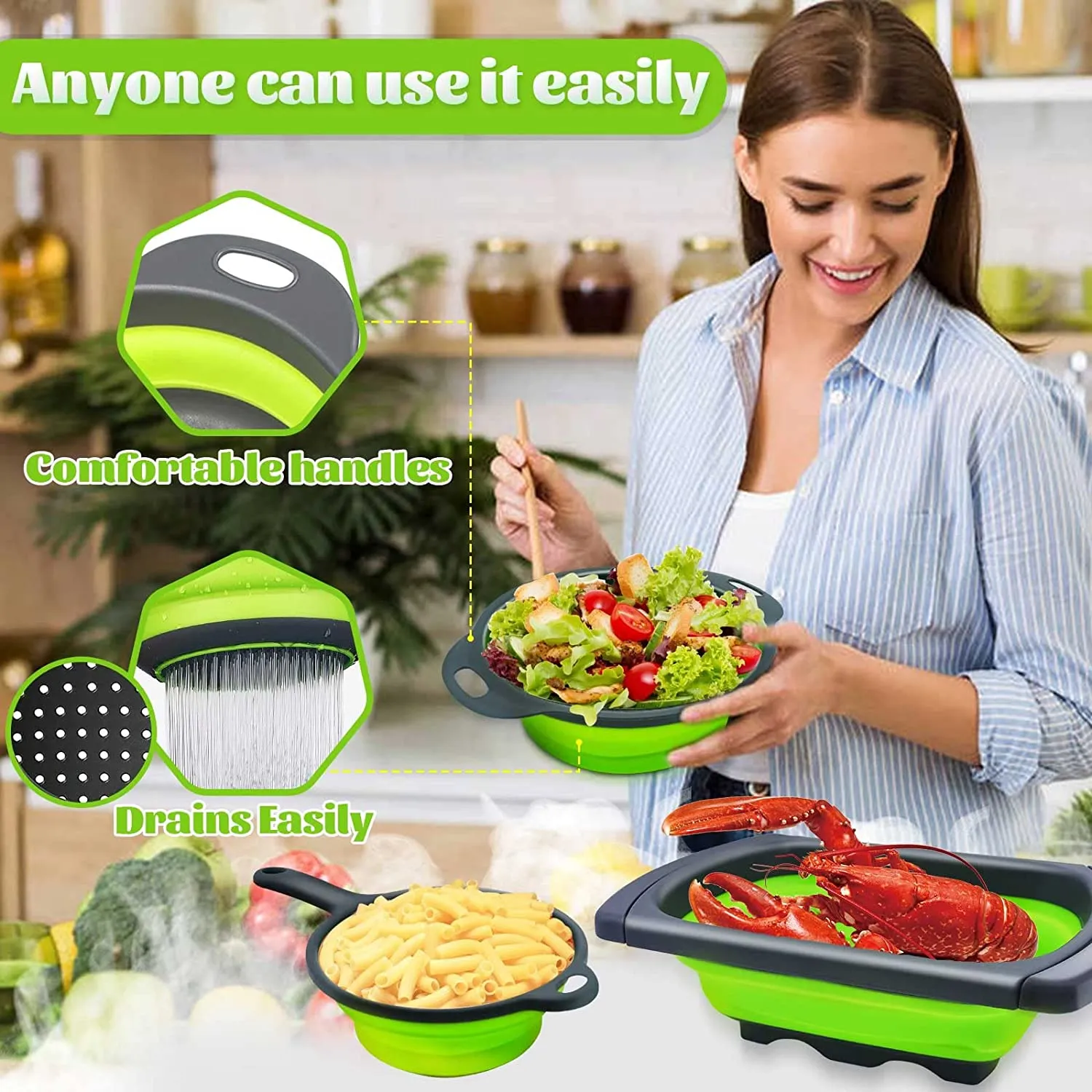 Collapsible Colander Silicone Strainer Set 3 Foldable Food Strainers