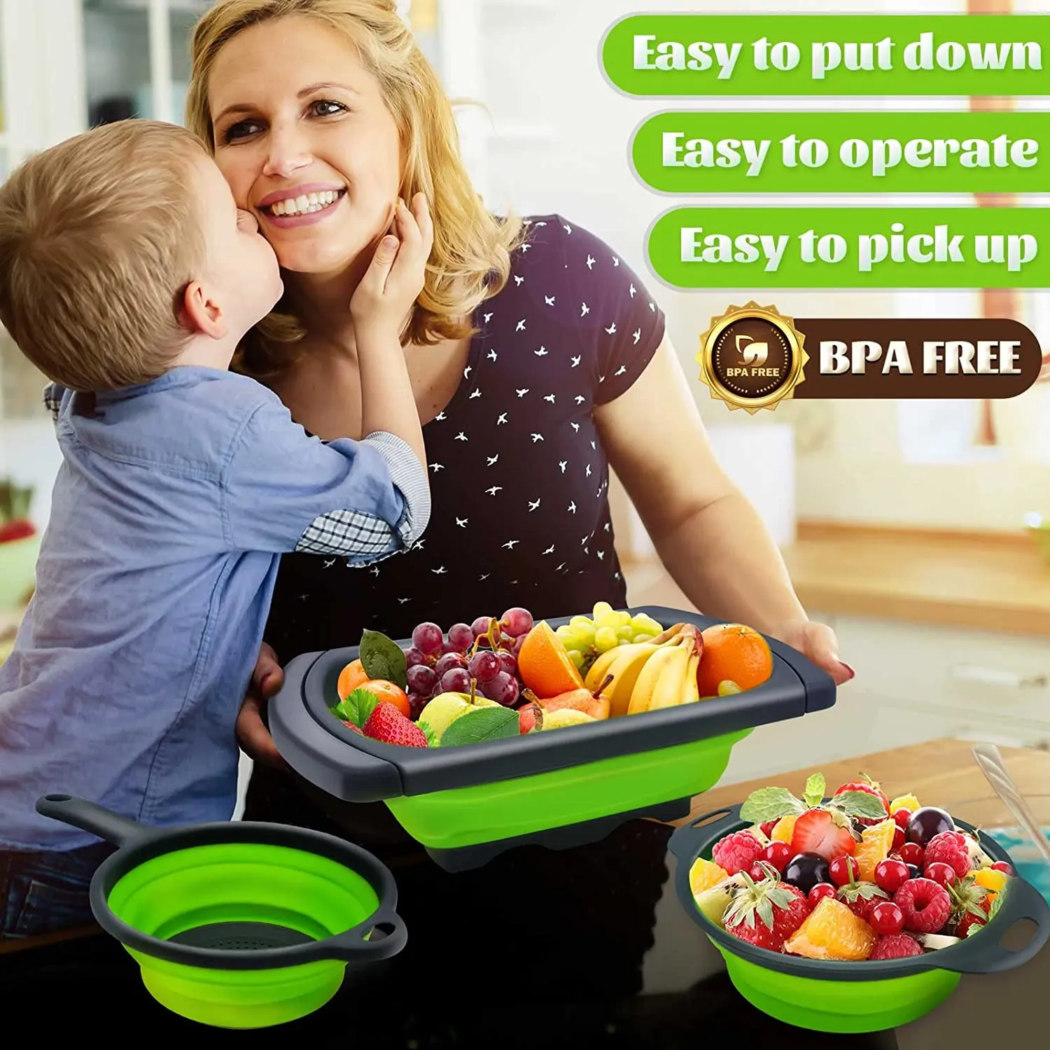 Collapsible Colander Silicone Strainer Set 3 Foldable Food Strainers