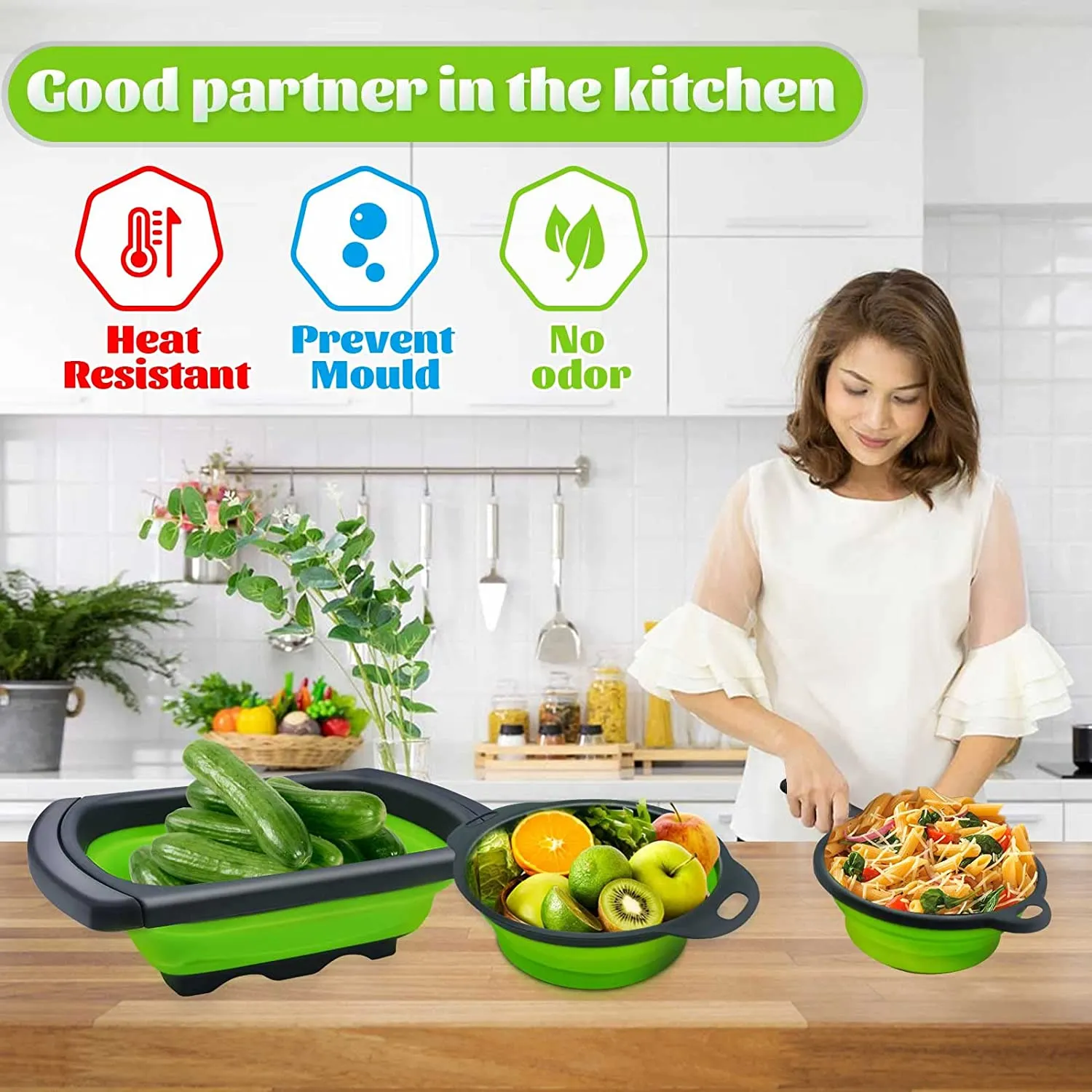 Collapsible Colander Silicone Strainer Set 3 Foldable Food Strainers