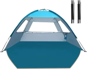 COMMOUDS Beach Tent with 2 Replacement Poles for 3 Person, UPF 50  Beach Tent Sun Shade with Tent Poles for Fishing, Backyard or Picnics, Sky Blue