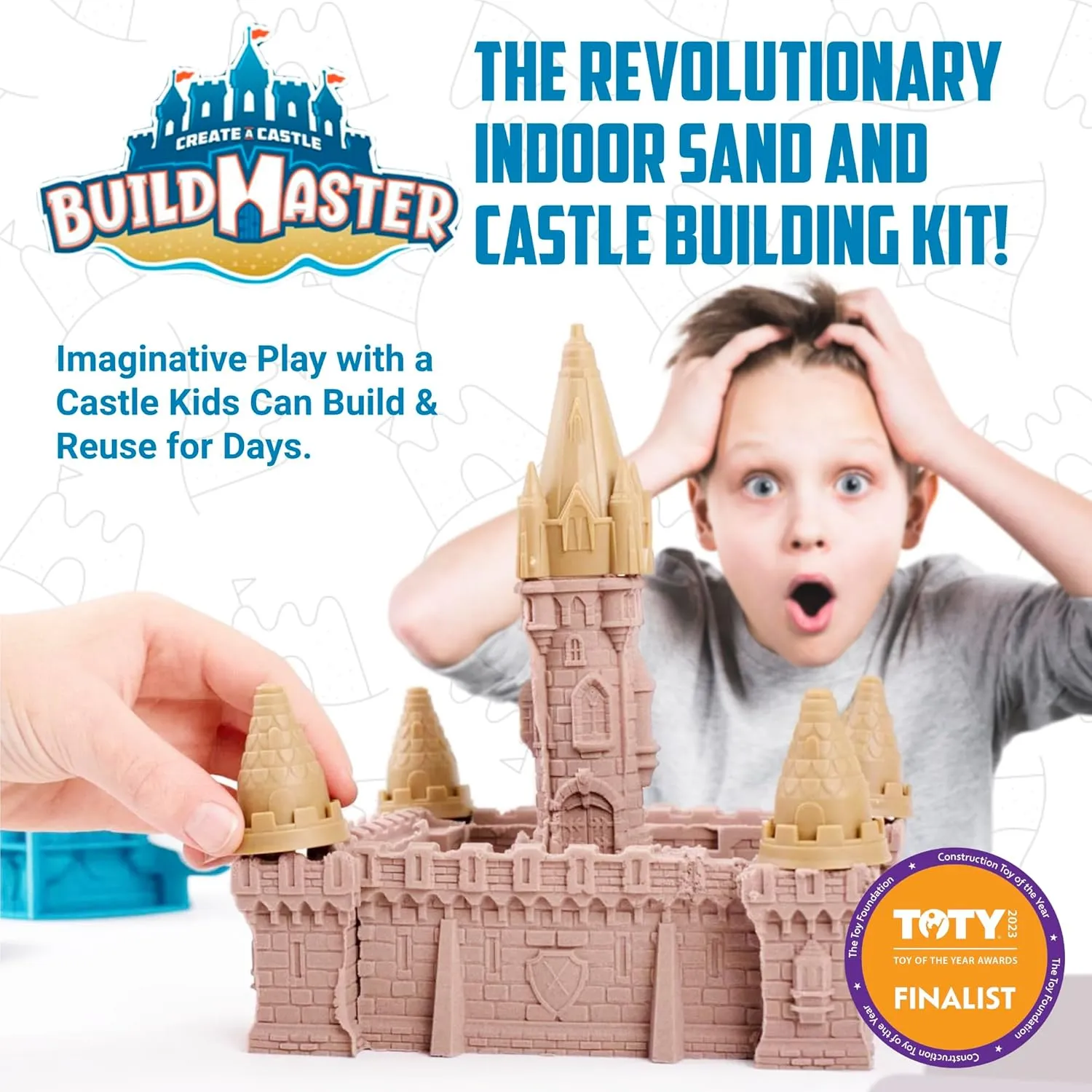 Create A Castle Indoor Sandcastle Play Sand Kit, 1.5 lbs Sensory Play Sand, BuildMaster Starter Reusable Castle Magic Sand Toy Set for Kids, 20 Pieces and Playmat, for Kids 6 
