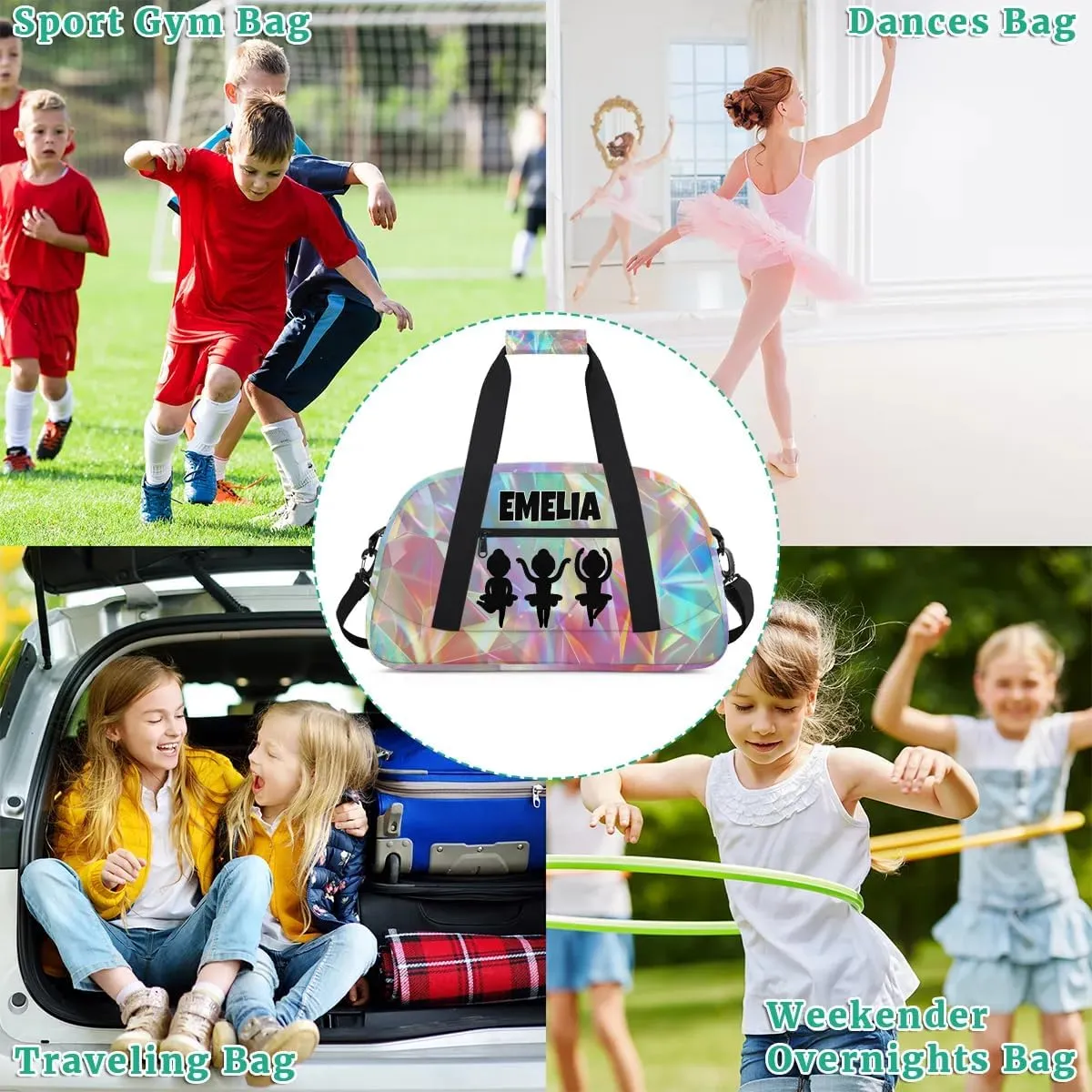 Custom Gym Colorful Cute Dance Bag for Girls, Personalized Sports Bag for Teens Girls Waterproof Weekender Carry Practice Travel Bag