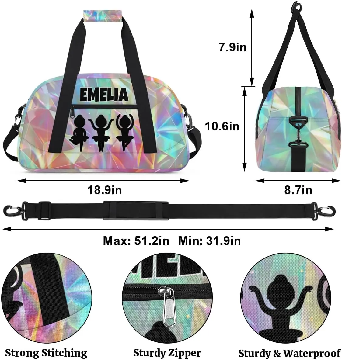 Custom Gym Colorful Cute Dance Bag for Girls, Personalized Sports Bag for Teens Girls Waterproof Weekender Carry Practice Travel Bag