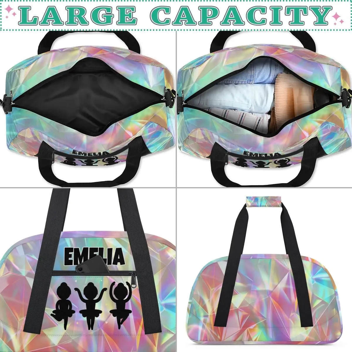 Custom Gym Colorful Cute Dance Bag for Girls, Personalized Sports Bag for Teens Girls Waterproof Weekender Carry Practice Travel Bag
