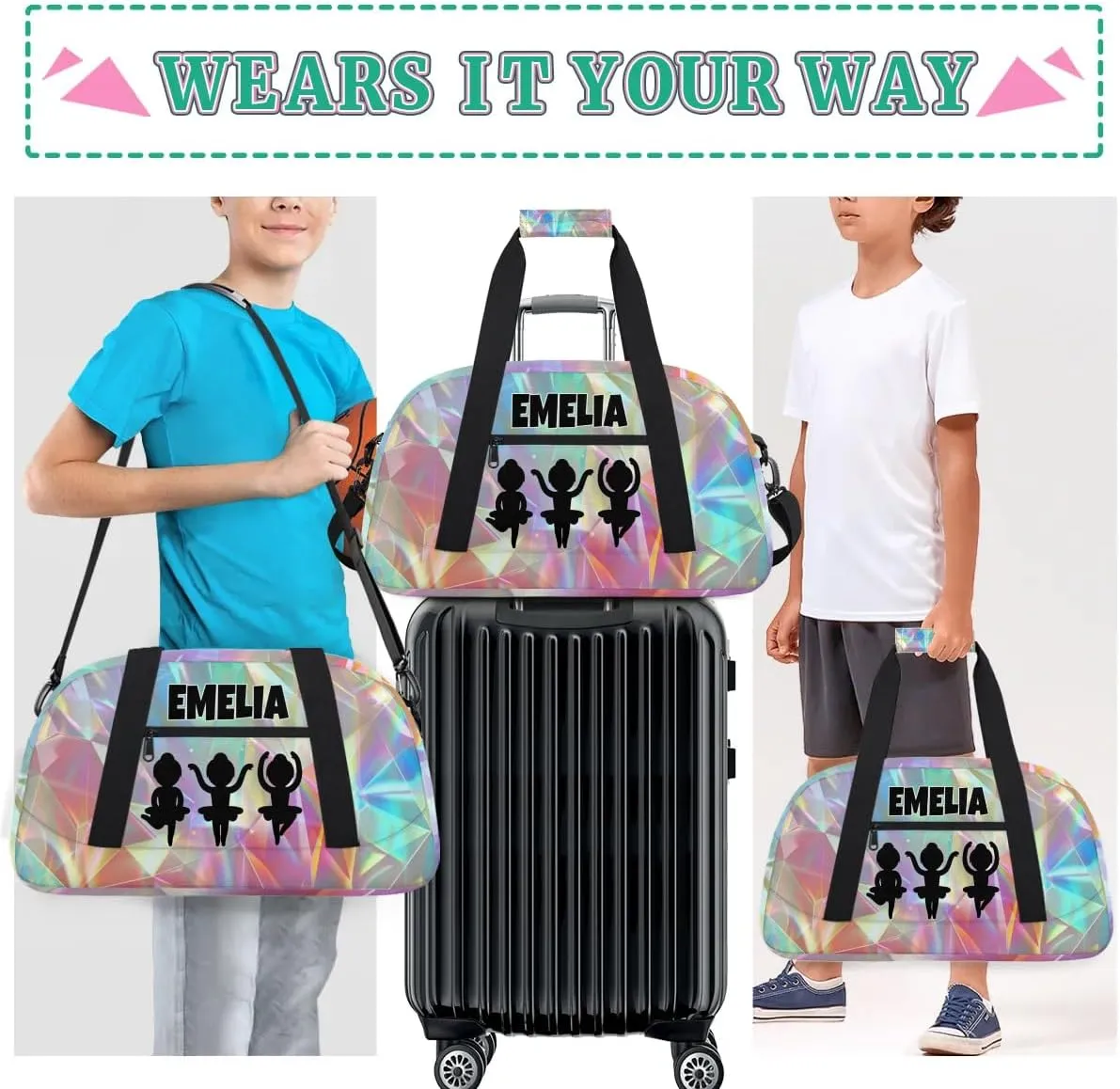 Custom Gym Colorful Cute Dance Bag for Girls, Personalized Sports Bag for Teens Girls Waterproof Weekender Carry Practice Travel Bag