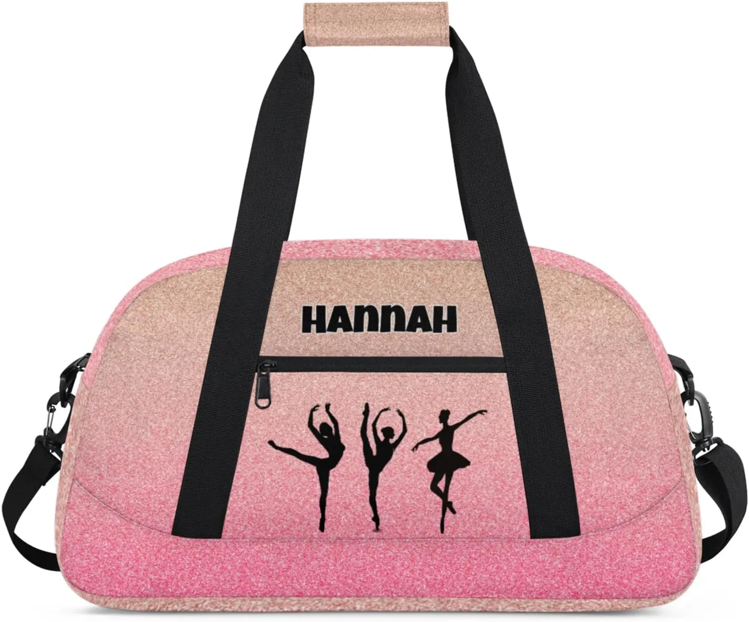 Custom Name Dance Ballet Sport Gym Bag, Personalized Customized Sleepover Travel Duffle Bag, Black Dancing Silhouette, Gradient Coral Pink Glittering