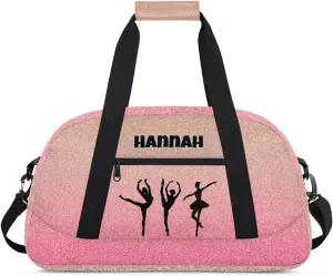 Custom Name Dance Ballet Sport Gym Bag, Personalized Customized Sleepover Travel Duffle Bag, Black Dancing Silhouette, Gradient Coral Pink Glittering