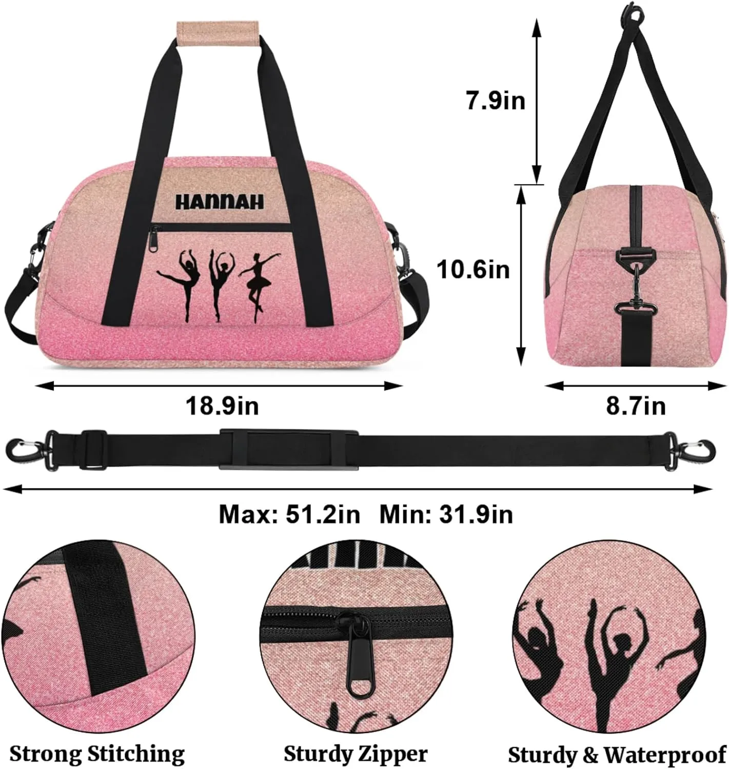 Custom Name Dance Ballet Sport Gym Bag, Personalized Customized Sleepover Travel Duffle Bag, Black Dancing Silhouette, Gradient Coral Pink Glittering