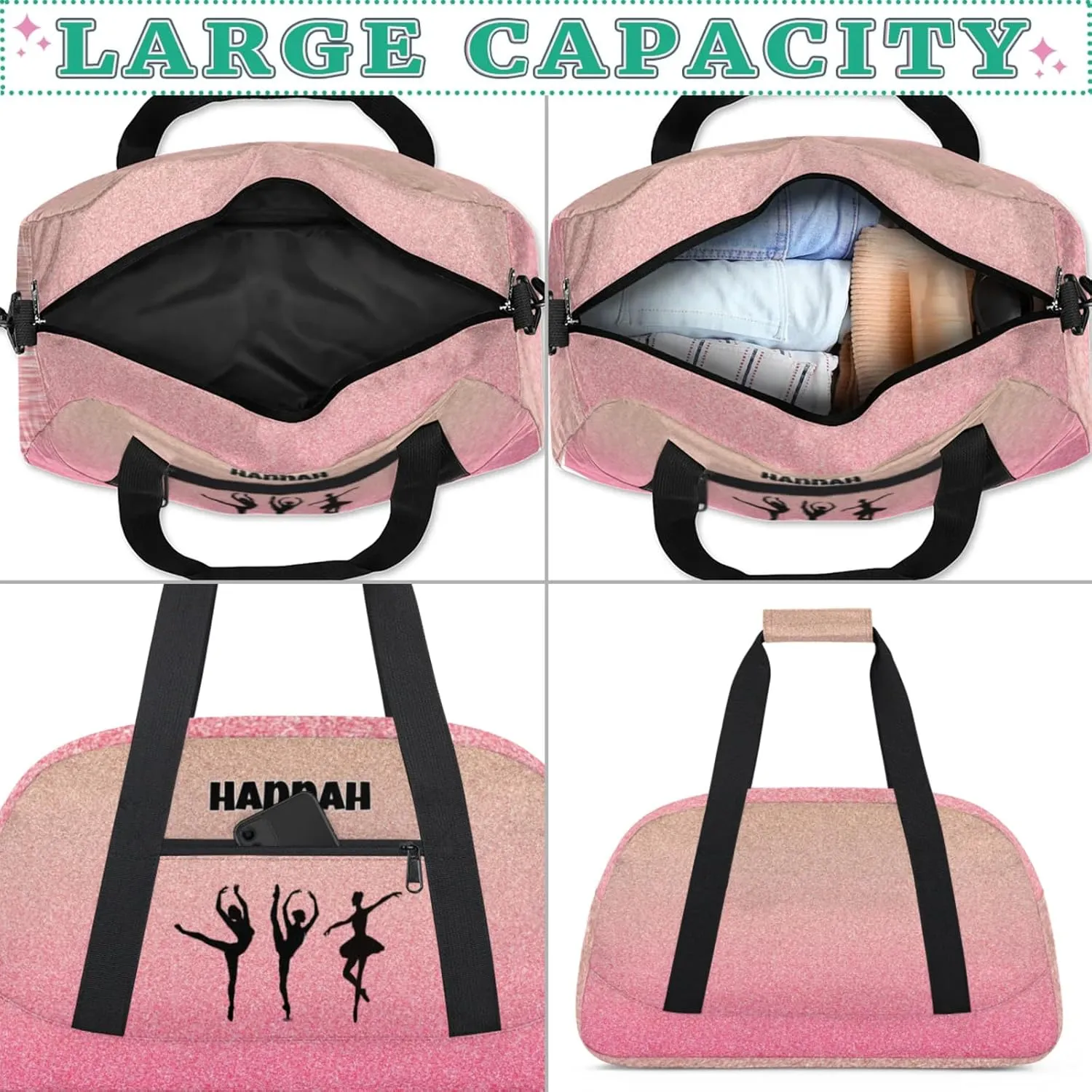 Custom Name Dance Ballet Sport Gym Bag, Personalized Customized Sleepover Travel Duffle Bag, Black Dancing Silhouette, Gradient Coral Pink Glittering