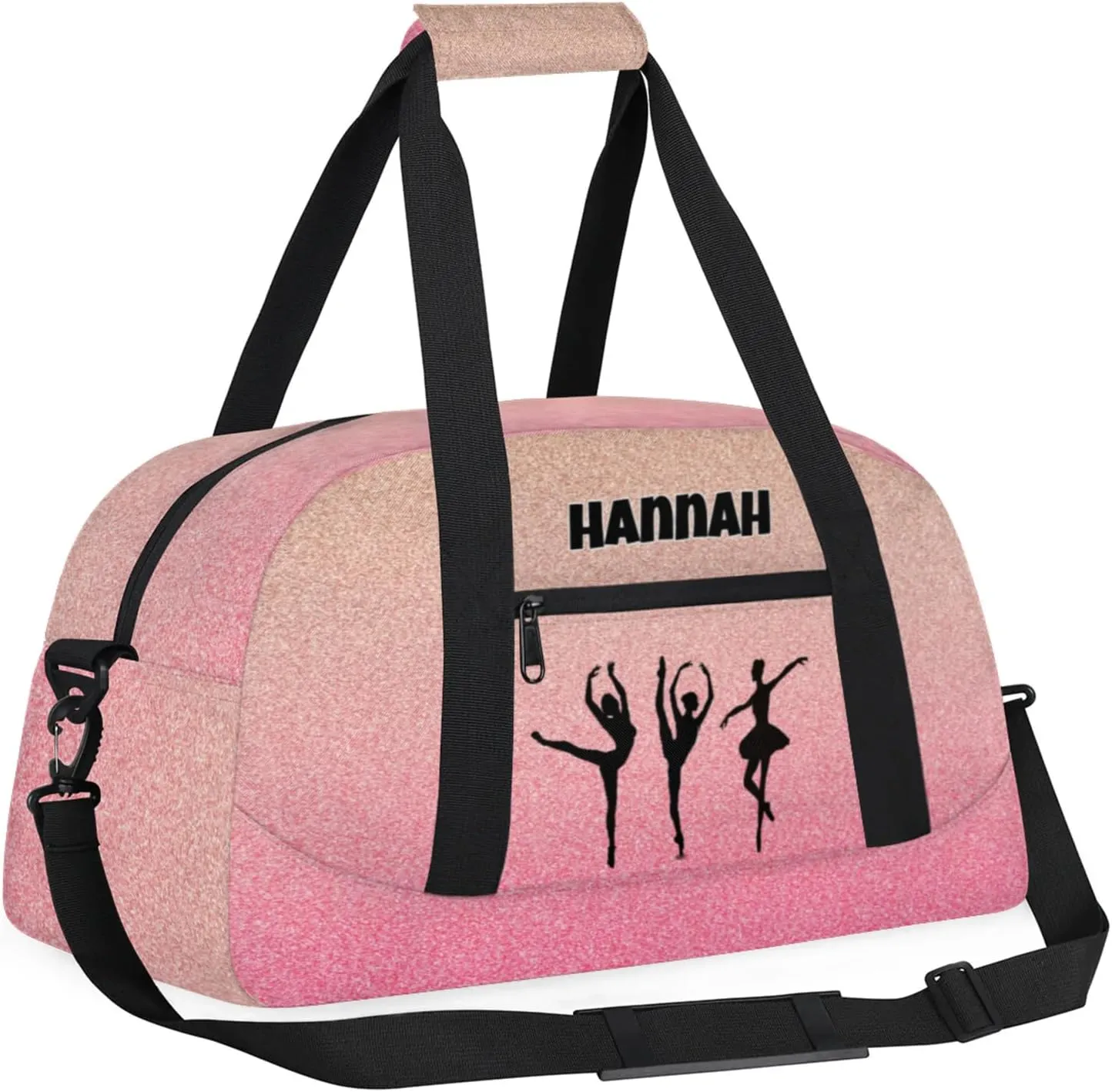 Custom Name Dance Ballet Sport Gym Bag, Personalized Customized Sleepover Travel Duffle Bag, Black Dancing Silhouette, Gradient Coral Pink Glittering