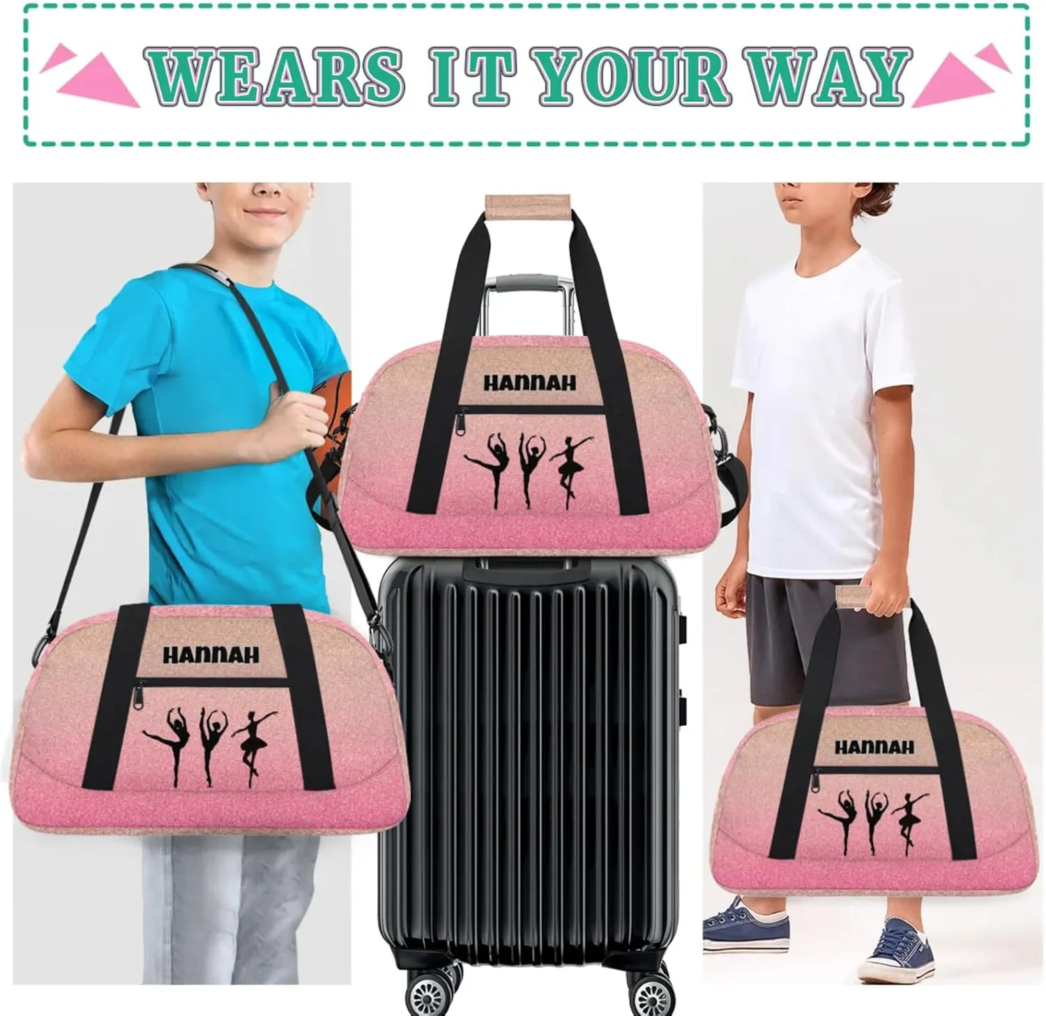 Custom Name Dance Ballet Sport Gym Bag, Personalized Customized Sleepover Travel Duffle Bag, Black Dancing Silhouette, Gradient Coral Pink Glittering